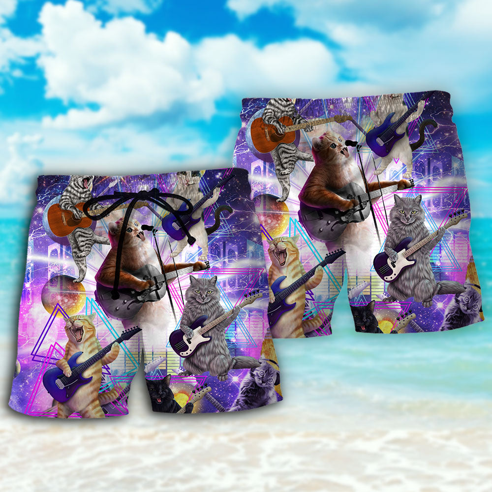 Cat Playing Guitar Galaxy Music Beach Shorts Design View For Poolside Relaxation And Holiday Trips
