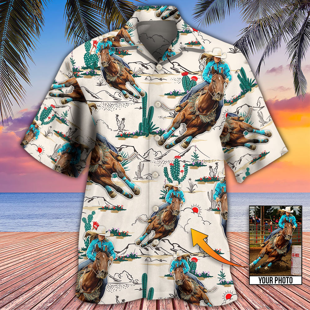 Tropical Cowboy Barrel Racing Desert Custom Photo Hawaiian Shirt Design Detail For Beach Days And Holiday Travel
