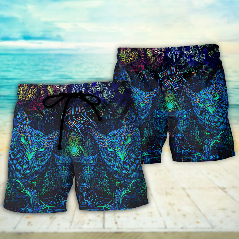 Owl And Witch Colorful Dark Fantasy Beach Shorts For Warm Weather Travel And Everyday Comfort