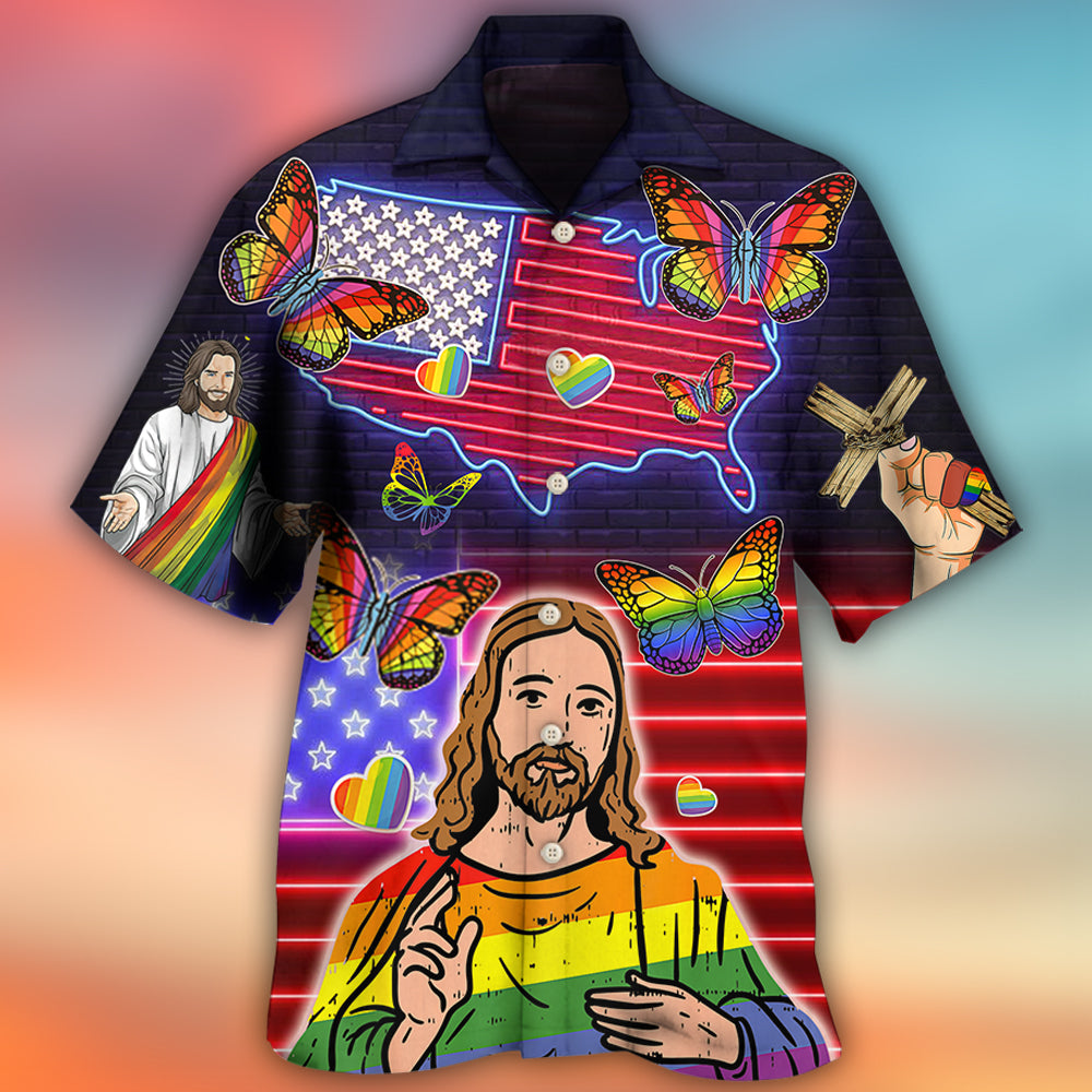 Rainbow Butterfly Pride Faith Freedom Hawaiian Shirt Pattern Detail For Summer Holidays And Outdoor Fun