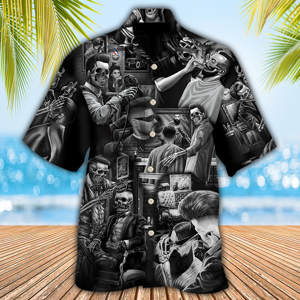 Skull Barber Hairdresser Hawaiian Shirt Graphic Artwork Detail For Casual Outings