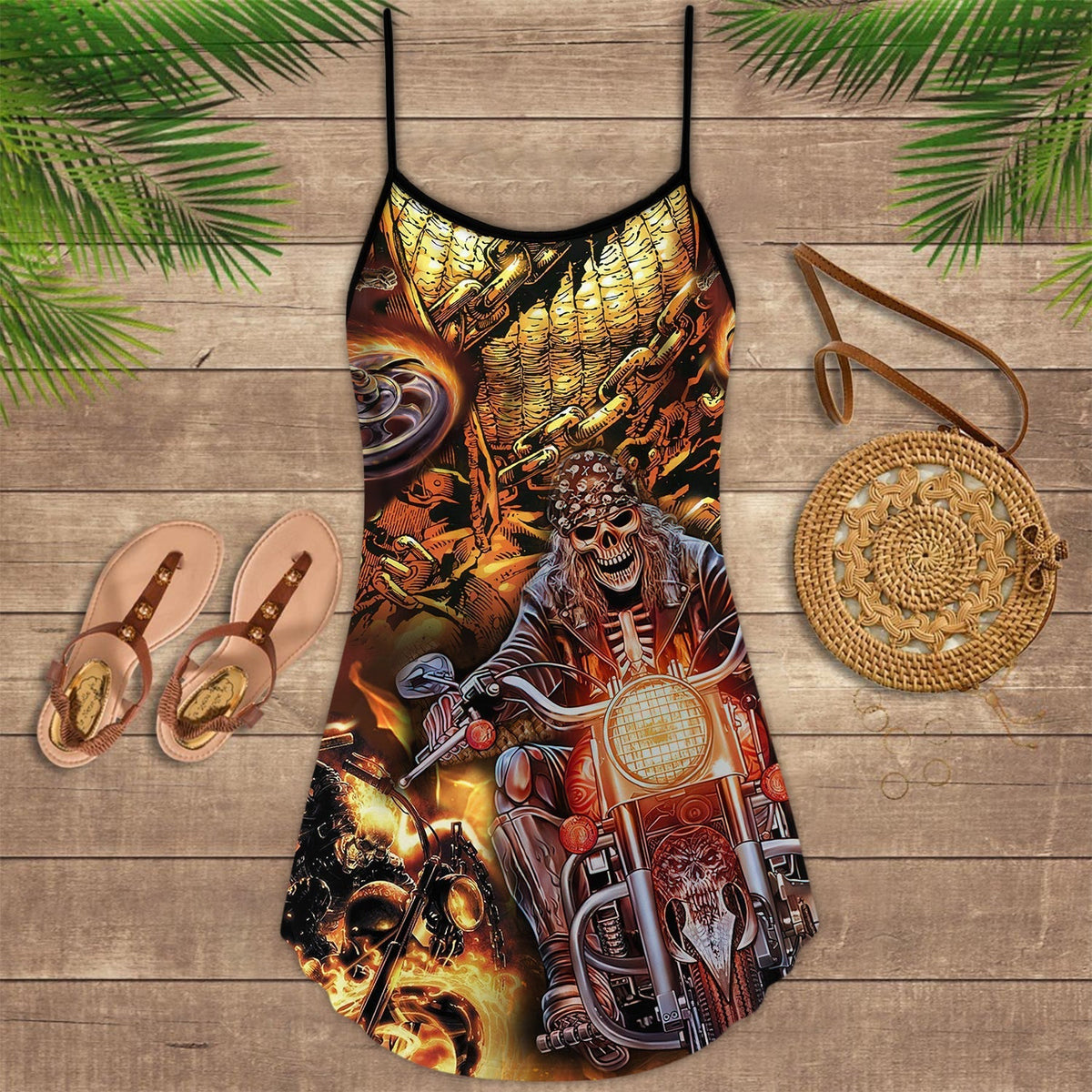Motorcycle Skull Racing Fast V-Neck Sleeveless Cami Dress For Alternative Festivals And Bold Summer Style