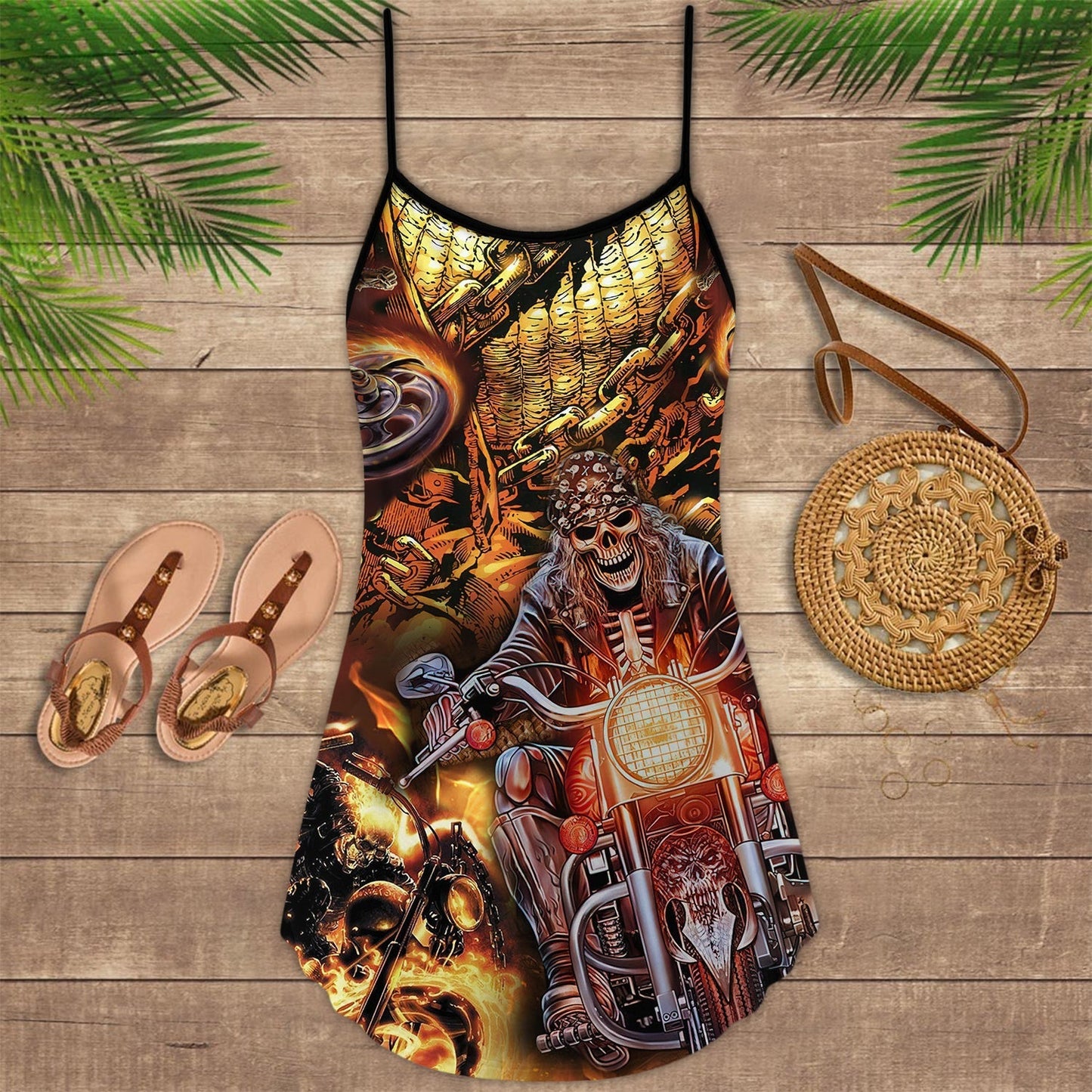 Motorcycle Skull Racing Fast V-Neck Sleeveless Cami Dress For Alternative Festivals And Bold Summer Style