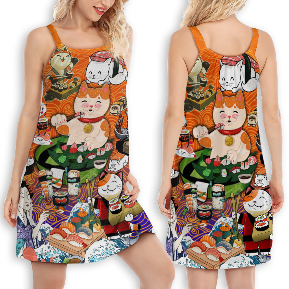 Cat Sushi Loving V-Neck Sleeveless Cami Dress For Travel And Comfortable Summer Styling