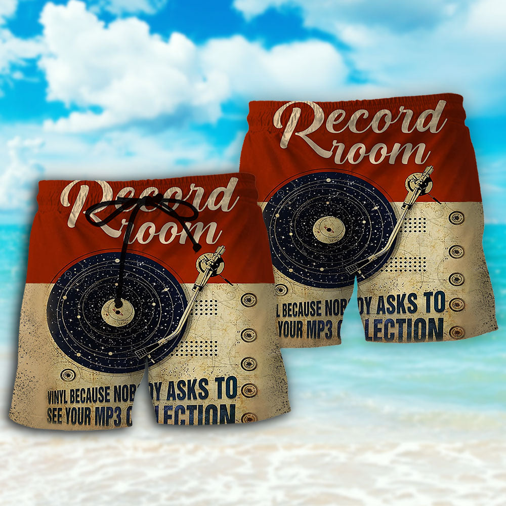 Music Record Room Retro Beach Shorts Pattern Detail For Relaxed Warm Weather Outfits