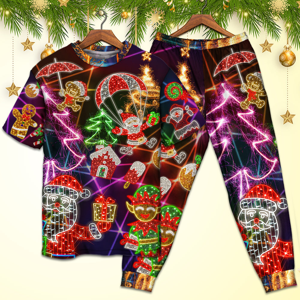 Santa Christmas Tree Elf And Gingerbread Short Sleeve Pajamas Set For Christmas Sleepwear And Family Lounging