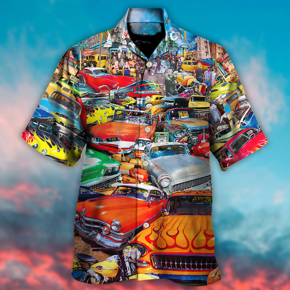 Retro Car Guitar Palm Trees Hawaiian Shirt Pattern View For Lightweight Everyday Style