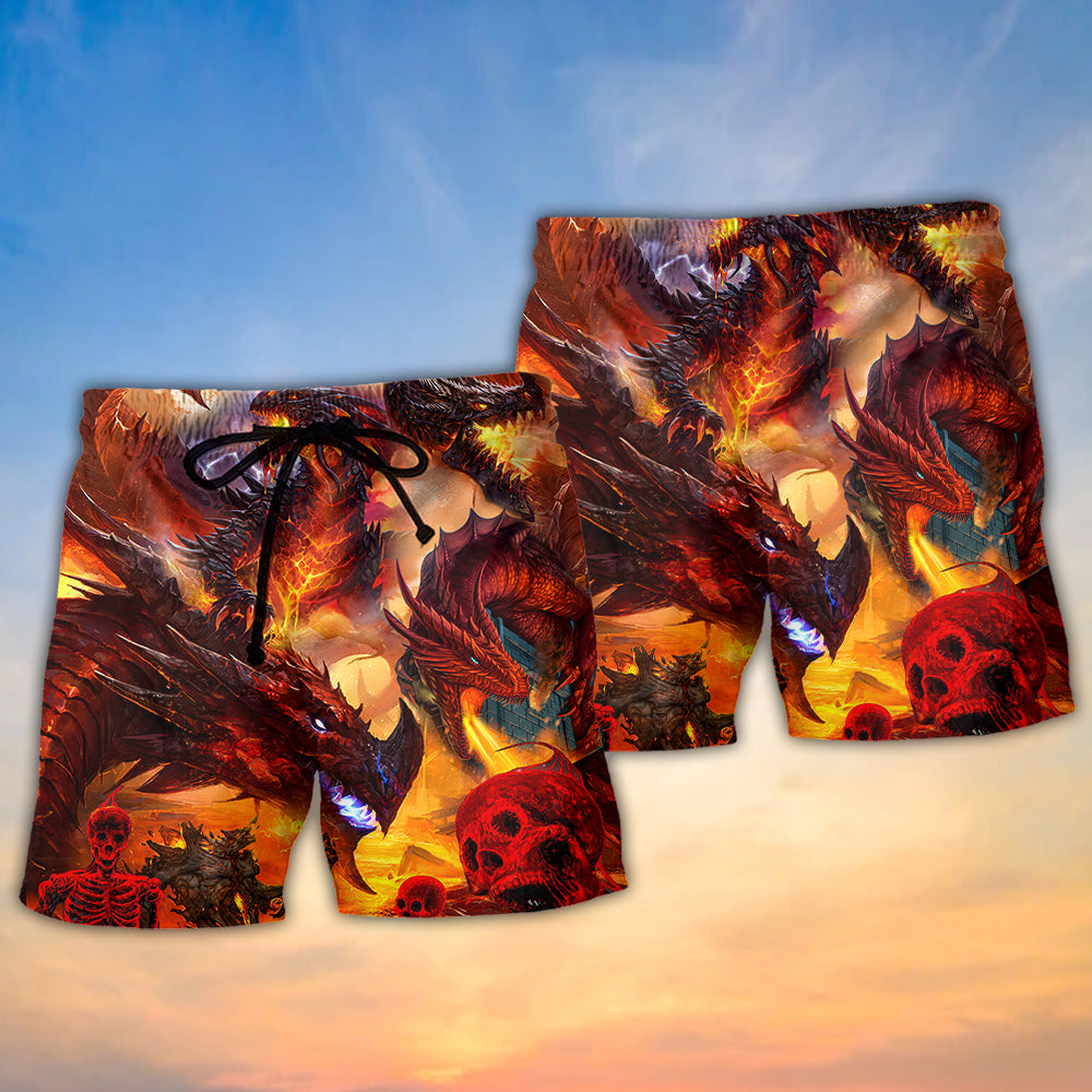 Red Dragon Skull Fire Fantasy Beach Shorts Design View For Poolside Relaxation And Holiday Trips