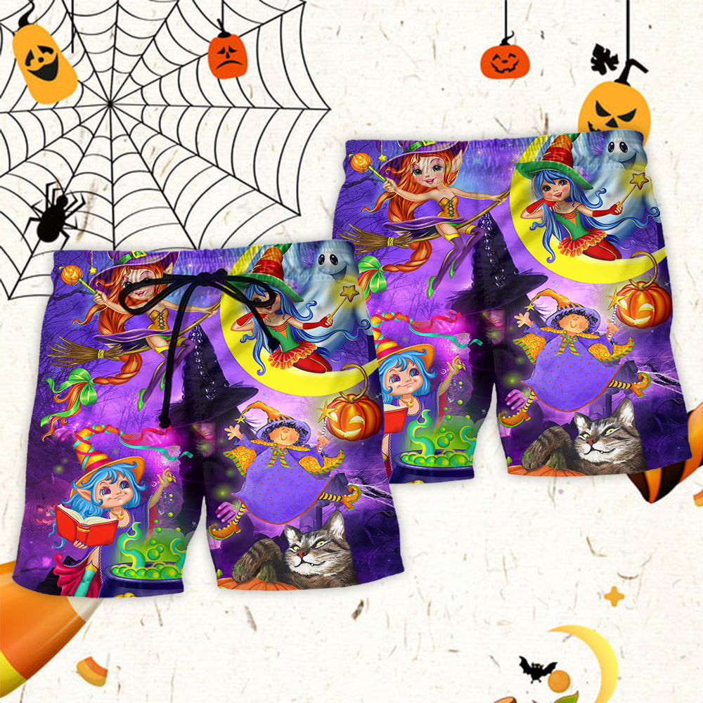 Cute Witch Ghost Boo Halloween Beach Shorts Pattern Detail For Sunny Outdoor Activities