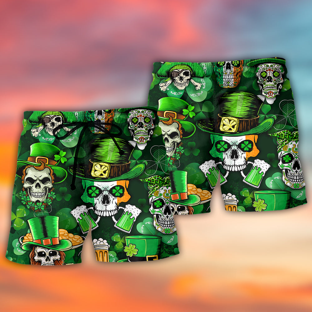 Irish Skull Green Festival Beach Shorts Pattern Detail For Sunny Outdoor Activities