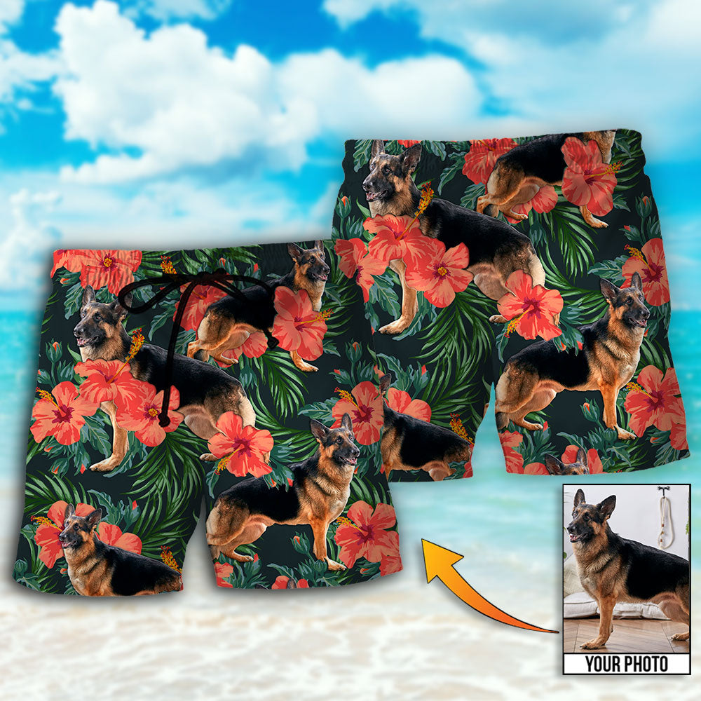 German Shepherd Tropical Style Personalized Photo Beach Shorts Design Detail For Weekend Getaways And Beach Days