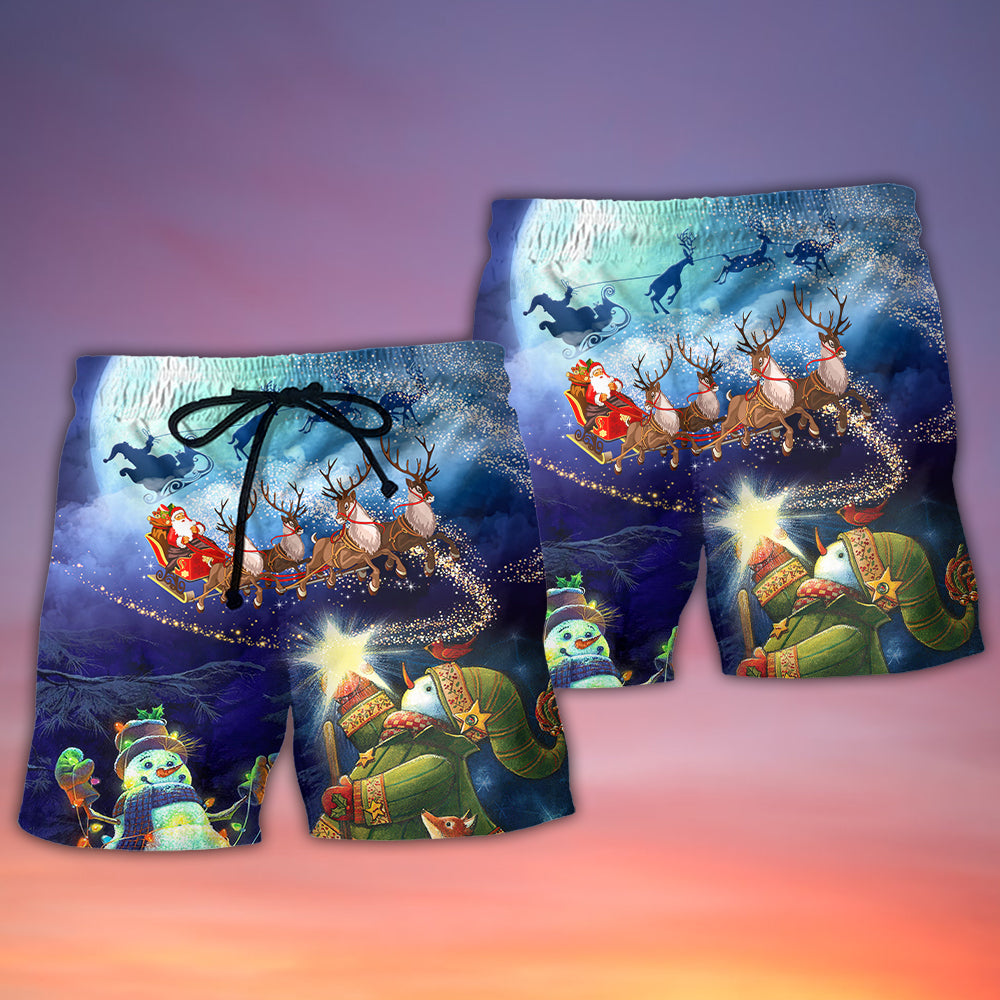 Santa Reindeer Snowman Holiday Lights Beach Shorts Design View For Summer Events And Coastal Getaways