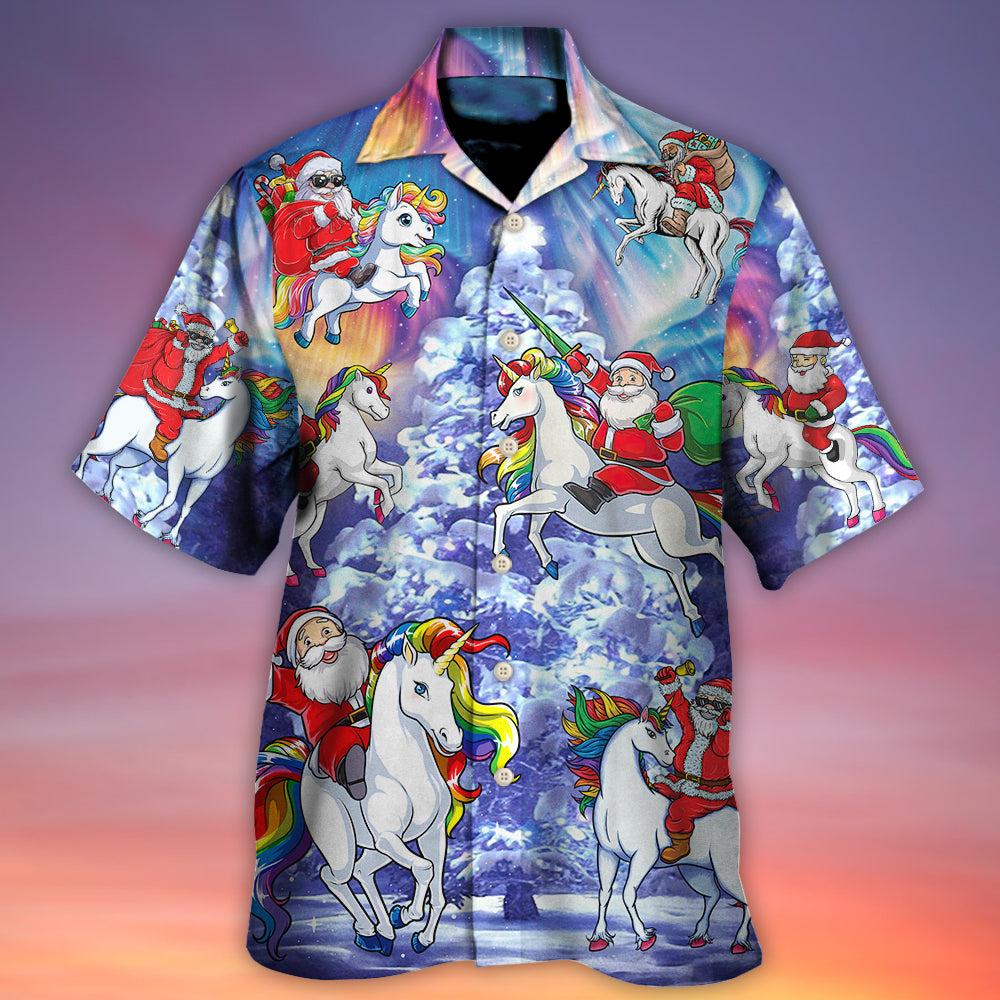 Christmas Riding Unicorn Snow Mountain Hawaiian Shirt Artwork Detail For Tropical Trips And Casual Outings