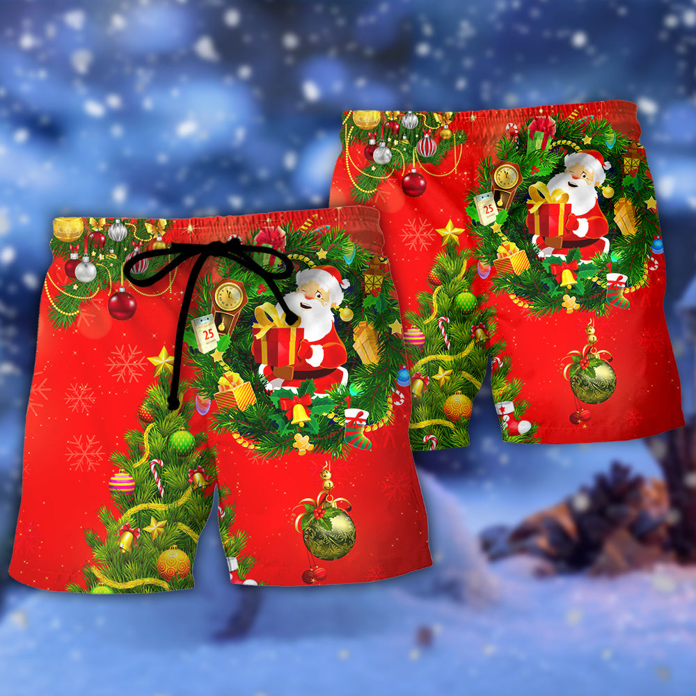 Red Christmas Tree Beach Shorts Pattern Detail For Sunny Outdoor Activities