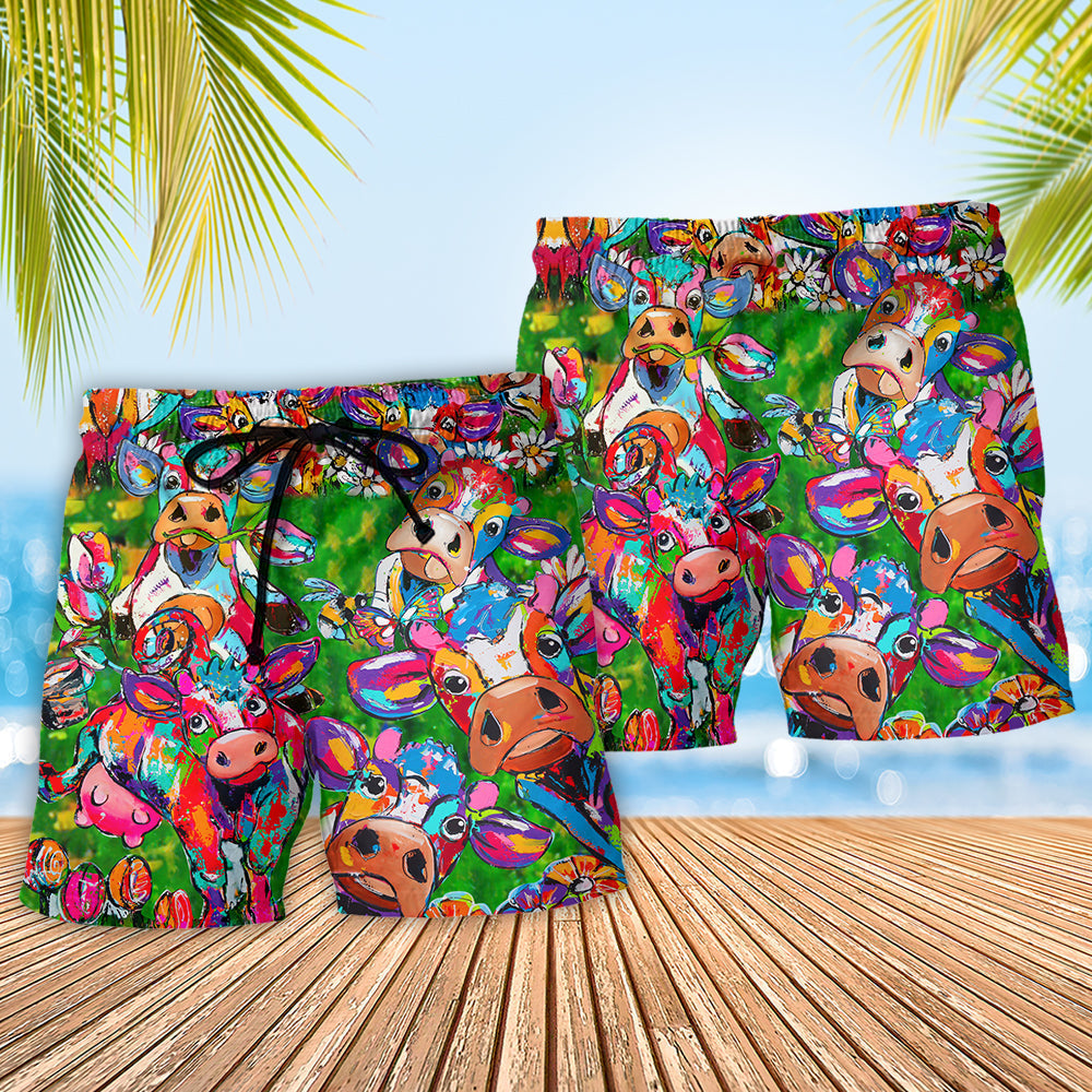 Cow With Flowers Funny Farm Beach Shorts Design Detail For Weekend Getaways And Beach Days