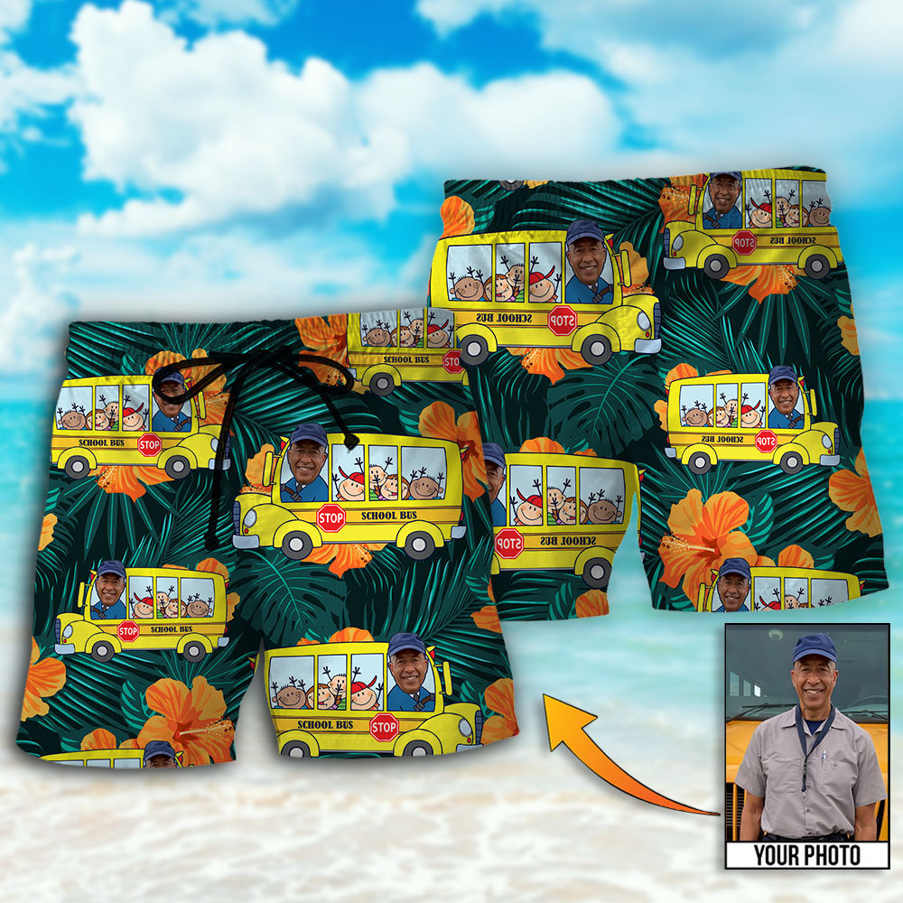 School Bus Driver Tropical Style Personalized Photo Beach Shorts Pattern View For Resort Days And Outdoor Activities