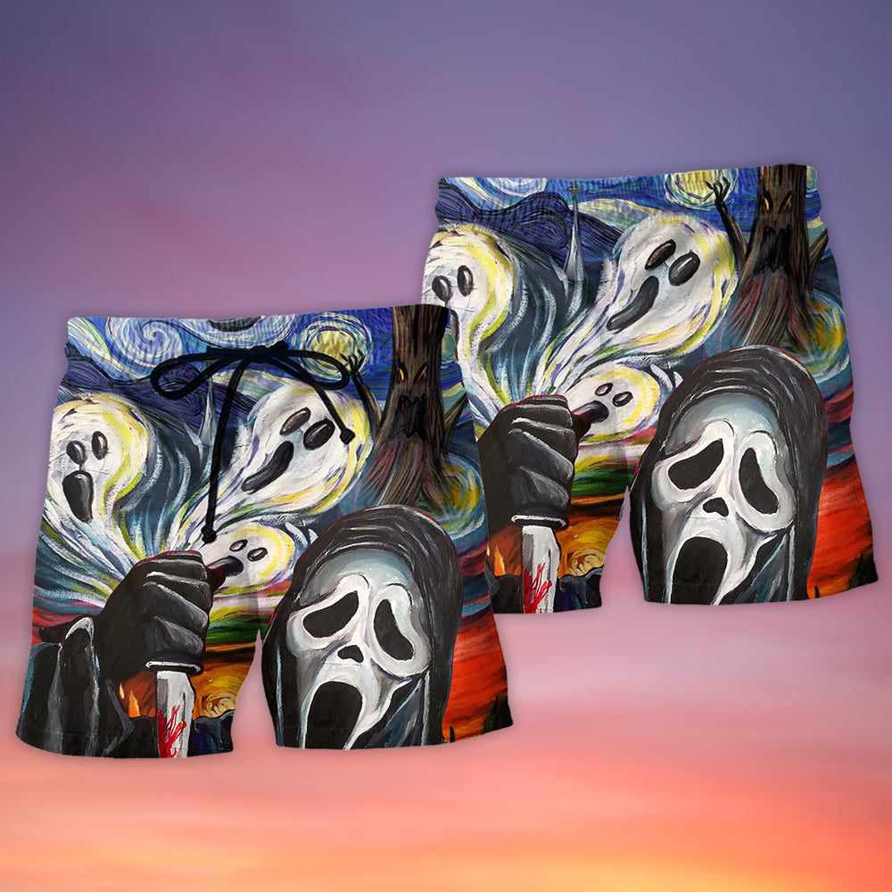 Funny Halloween Ghost Starry Night Beach Shorts For Summer Vacation And Coastal Travel