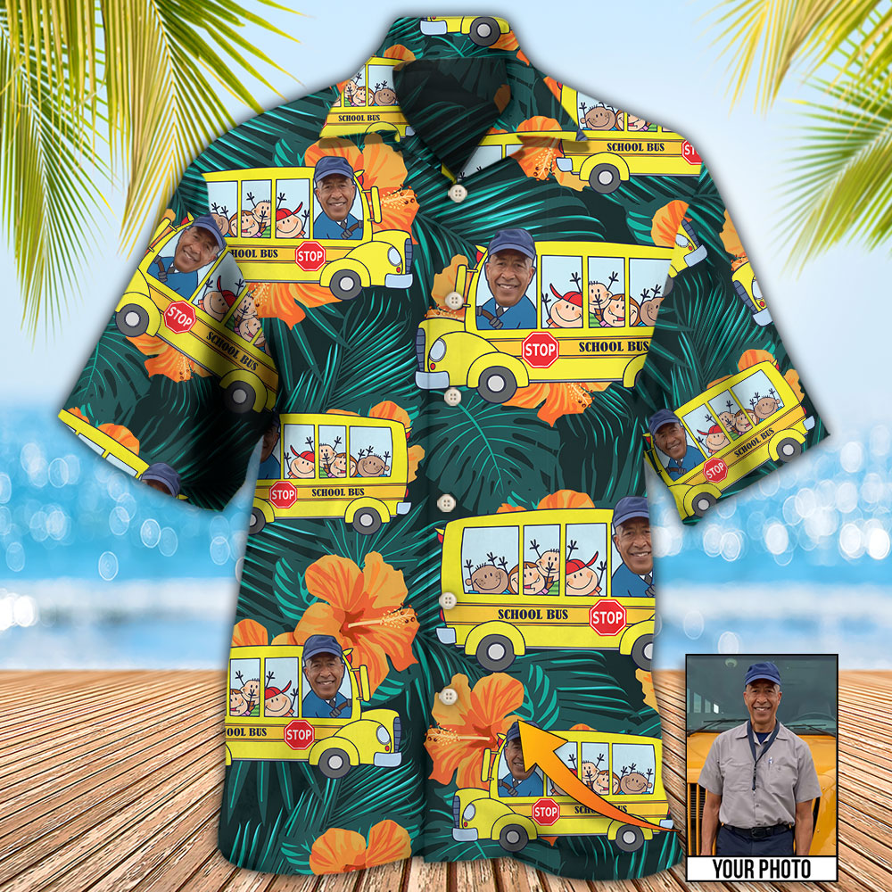 Tropical School Bus Driver Custom Photo Hawaiian Shirt Artwork View For Weekend Travel And Beach Style