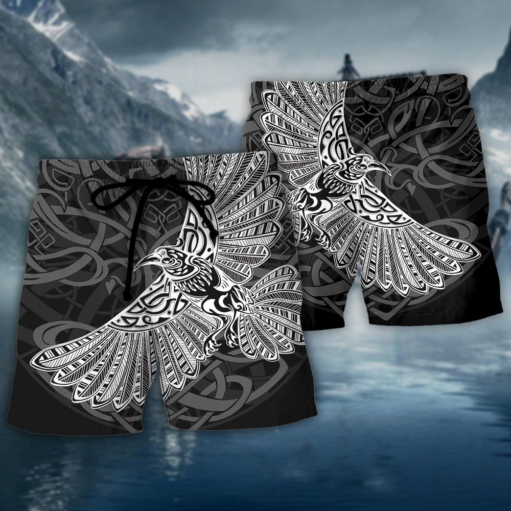 Viking Raven Valhalla Beach Shorts Pattern Detail For Sunny Outdoor Activities