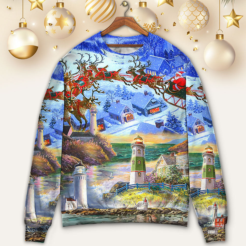 Lighthouse Christmas Santa Through The Storm Sweater For Festive Events Weekend Outings And Comfortable Winter Style