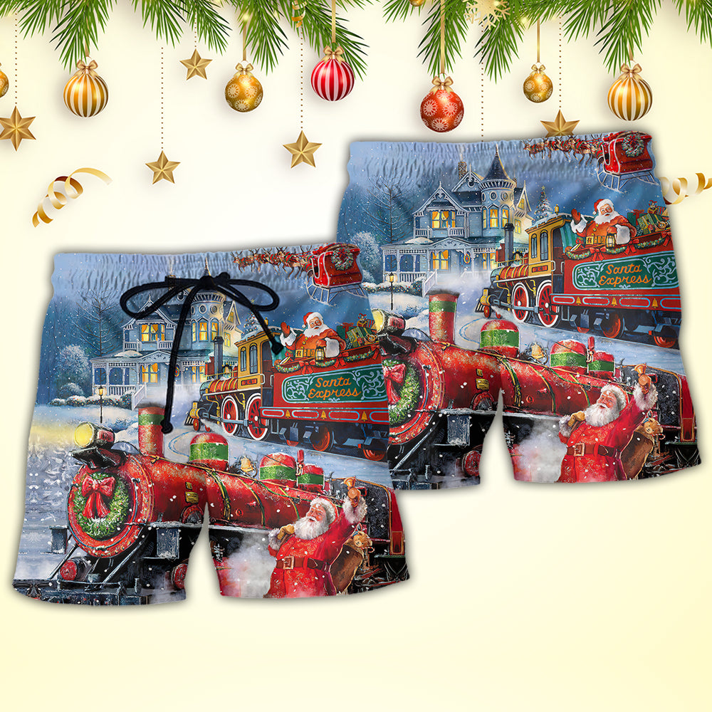 Christmas Santa Train Painting Beach Shorts Graphic Detail For Resort Trips And Casual Outings