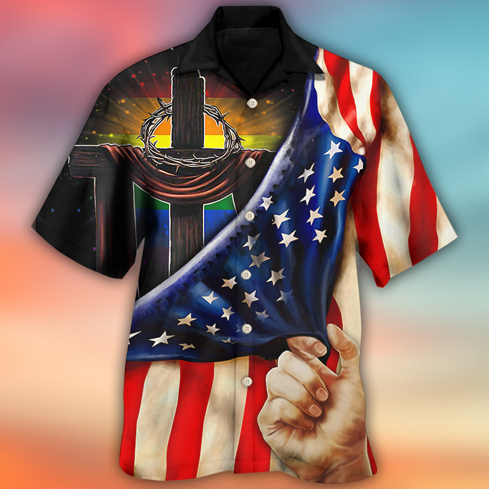 Rainbow Pride Independence Day Cross Flag Lighting Hawaiian Shirt Design View For Resort Travel And Thoughtful Gifting