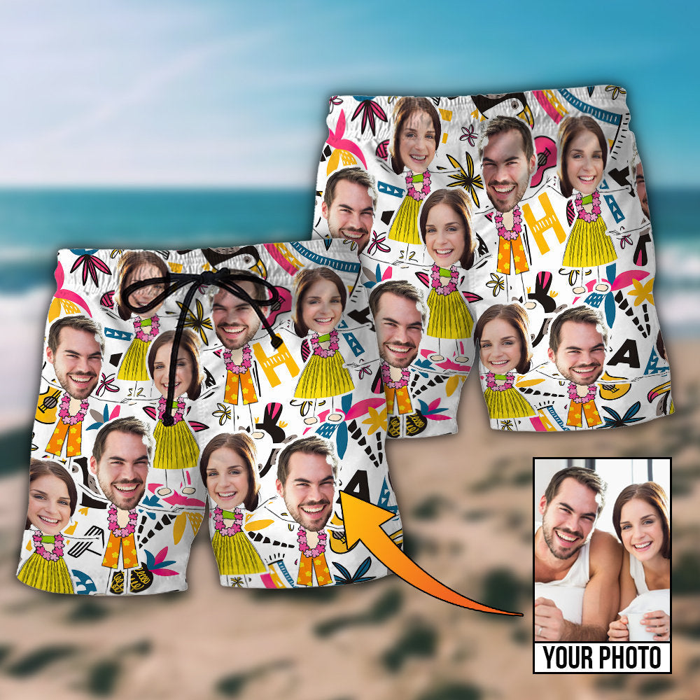 Face Aloha Couple Personalized Photo Beach Shorts For Warm Weather Travel And Everyday Comfort