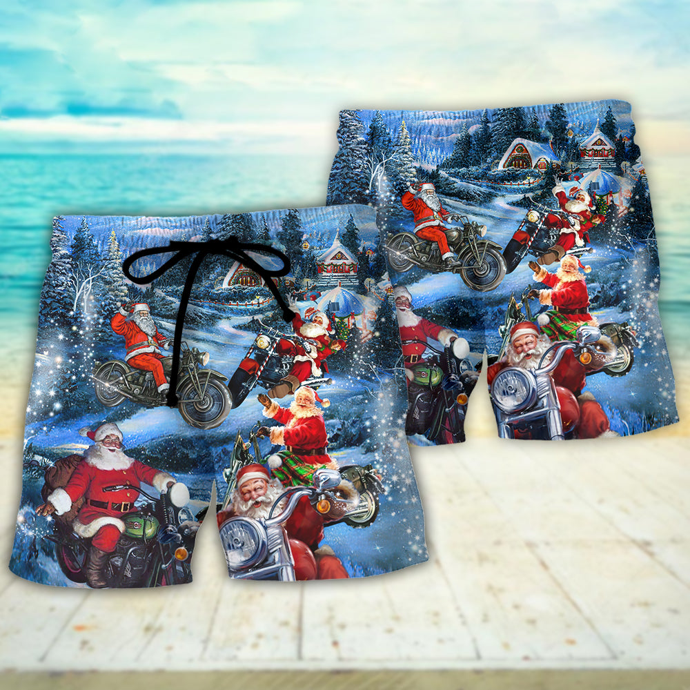 Santa Driving Through Town Christmas Fun Beach Shorts Graphic Detail For Resort Trips And Casual Outings
