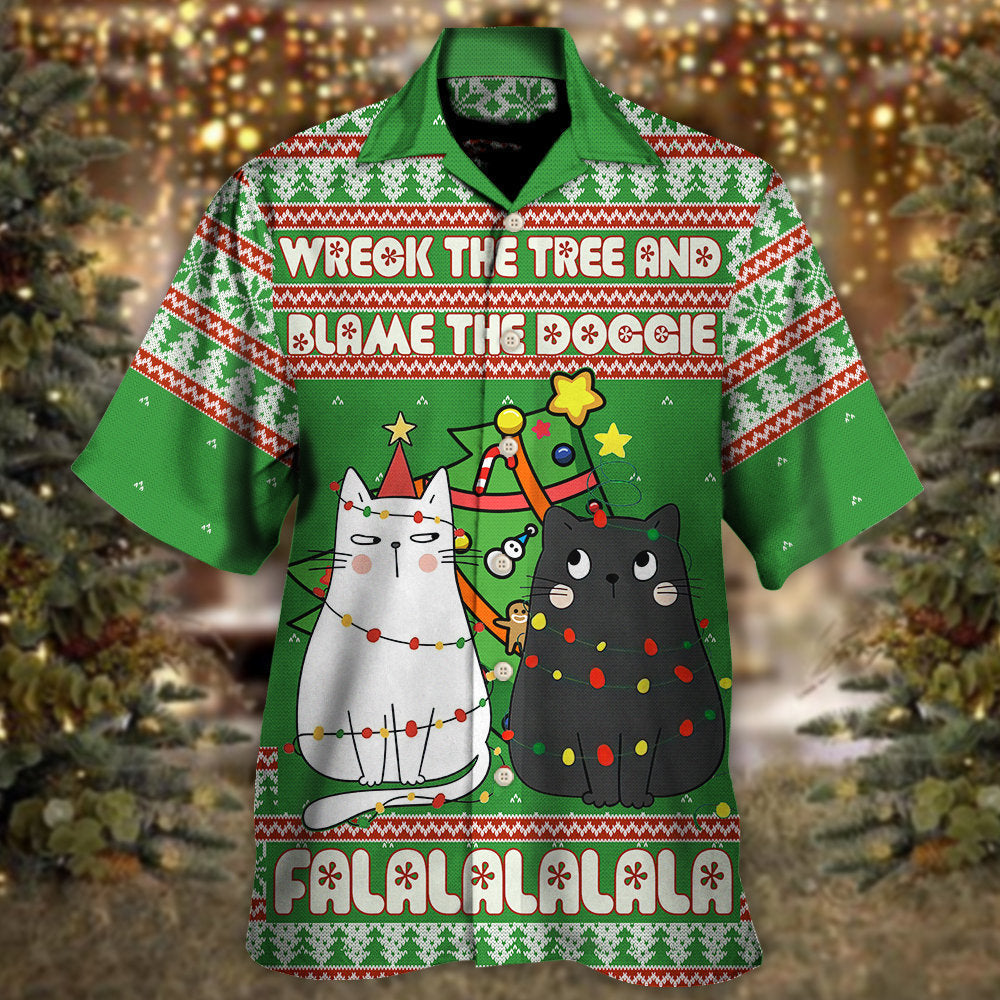 Cat Wreck Tree Meowy Christmas Hawaiian Shirt Artwork Detail For Tropical Trips And Casual Outings