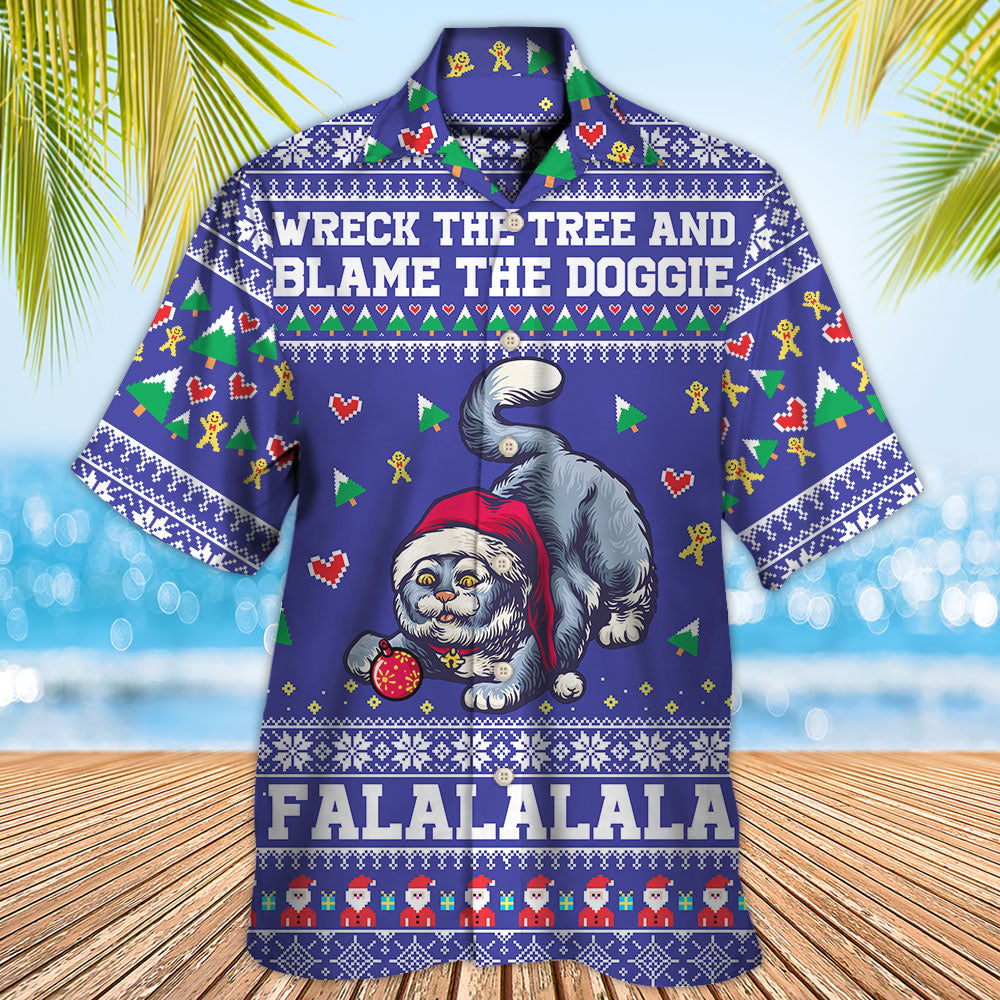 Cat Wreck Tree Blame Doggies Christmas Hawaiian Shirt For Vacation Days And Relaxed Coastal Outings