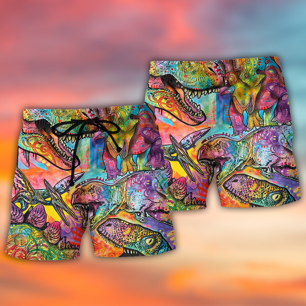 Colorful Dinosaur Beach Shorts Pattern Detail For Casual Summer Plans And Thoughtful Gift Giving