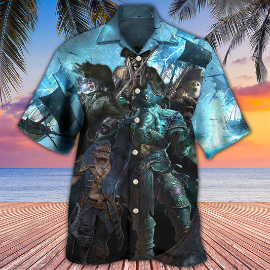 Fantasy Pirate Monster Stormy Sea Hawaiian Shirt Pattern Detail For Outdoor Gatherings