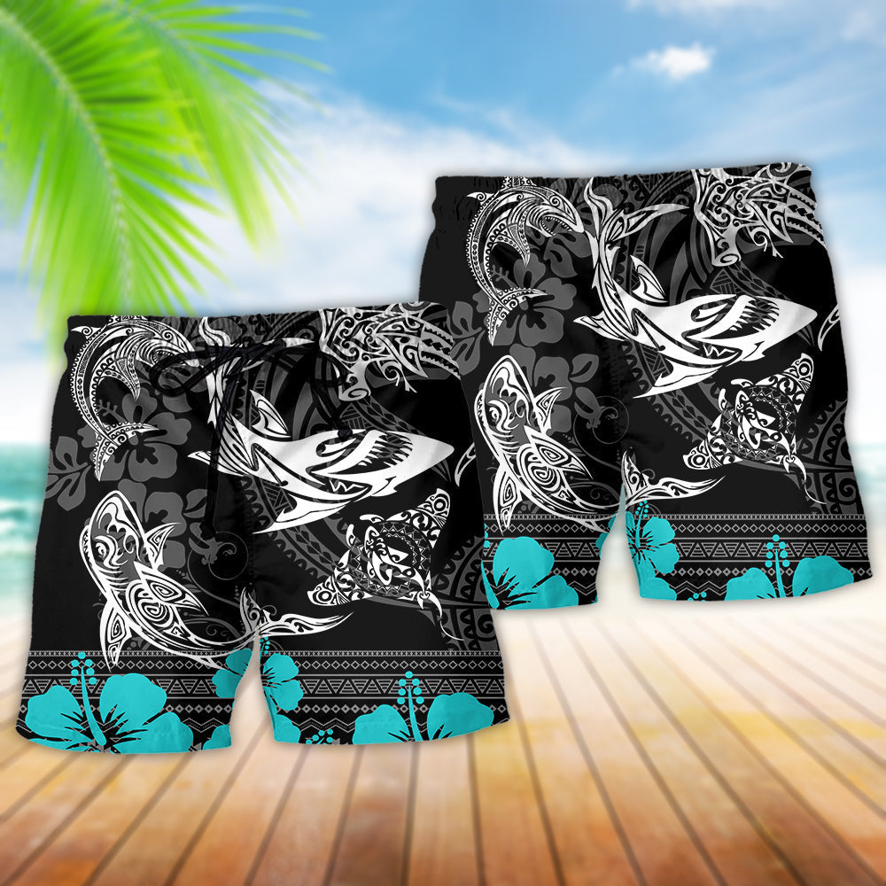 Shark Tropical Pattern Beach Shorts For Summer Vacation And Coastal Travel