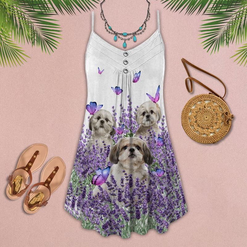 Dogs Purple Flower Shih Tzu V-Neck Sleeveless Cami Dress For Summer Events And Colorful Daily Fashion