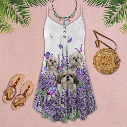 Dogs Purple Flower Shih Tzu Limited – Women's Summer Sleeveless V-Neck Camisole Dress