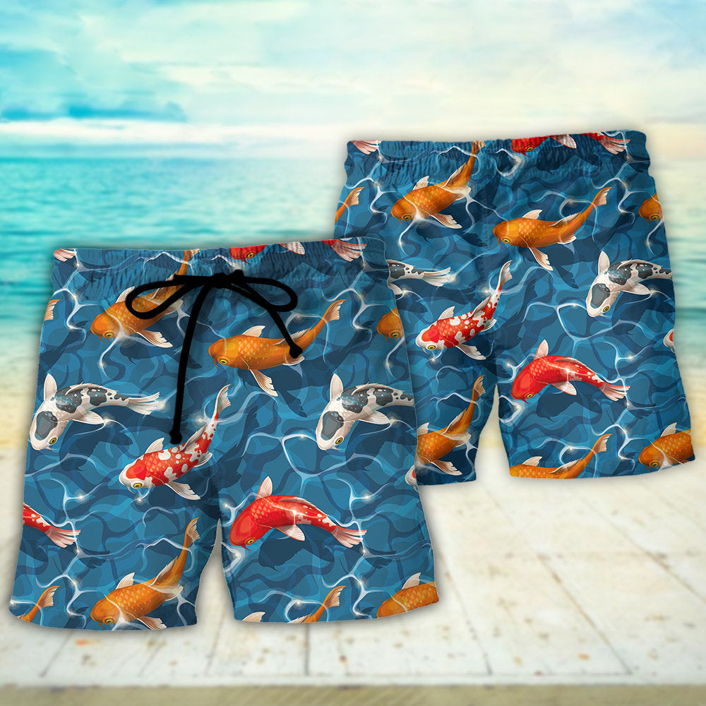 Colorful Koi Fish Swimming In Garden Pond Beach Shorts Design Detail For Weekend Getaways And Beach Days