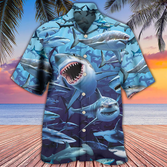 Shark Family Hunting Together Ocean Hawaiian Shirt For Resort Getaways And Comfortable Summer Activities