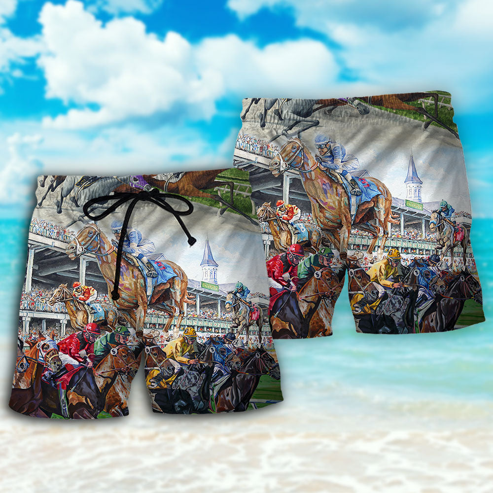 Horse Racing Strong And Brave Beach Shorts Print View For Coastal Escapes And Casual Outings