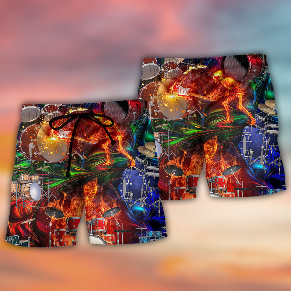 Drum Is My Life Fire Skull Colorful Beach Shorts For Sunny Holidays And Comfortable Daily Styling