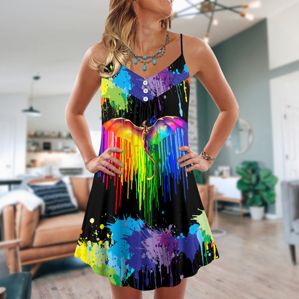 Pride Dragon Color Of Happiness V-Neck Sleeveless Cami Dress For Festivals Travel And Relaxed Casual Summer Wear