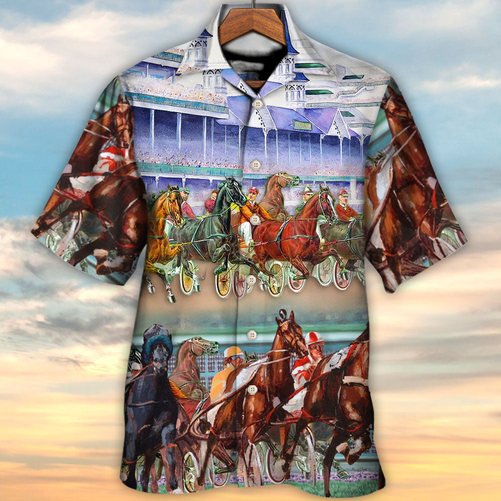 Racing Horse Hawaiian Shirt Graphic Artwork Detail For Beach Days