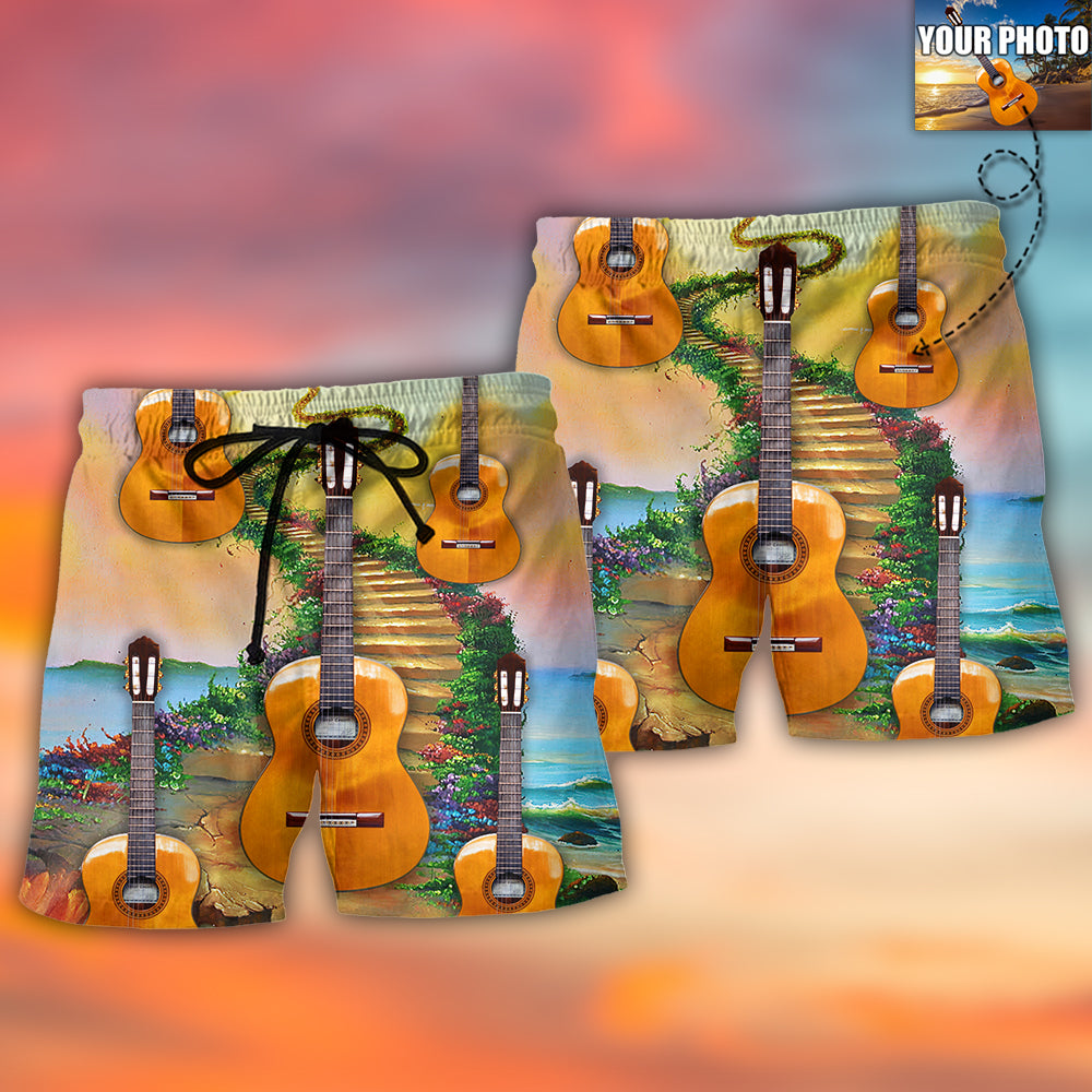 Guitar Love Forever Various Style Personalized Photo Beach Shorts Pattern View For Resort Days And Outdoor Activities