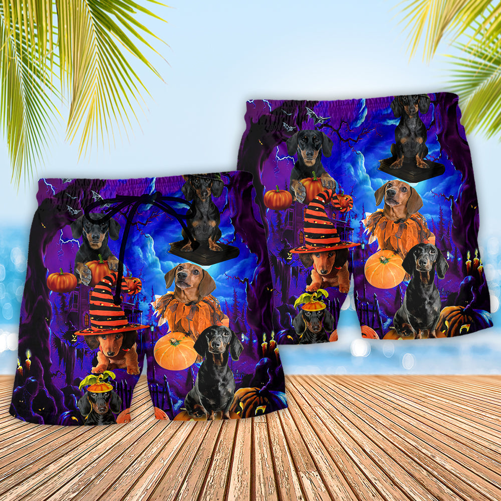 Halloween Night Dachshund Never Mind The Witch Beach Shorts Artwork Detail For Comfortable Everyday Summer Wear
