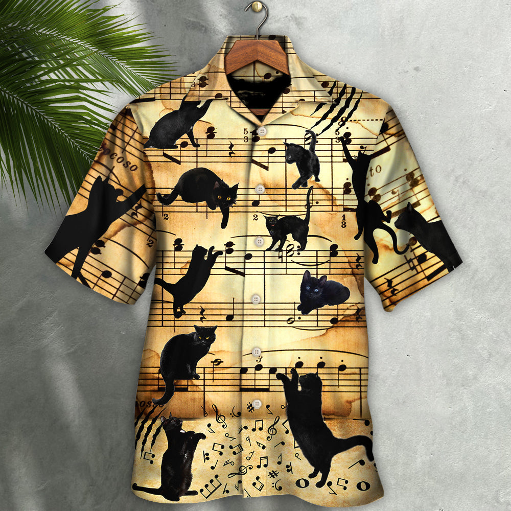 Black Vintage Cat Music Note Hawaiian Shirt Pattern View For Lightweight Everyday Style