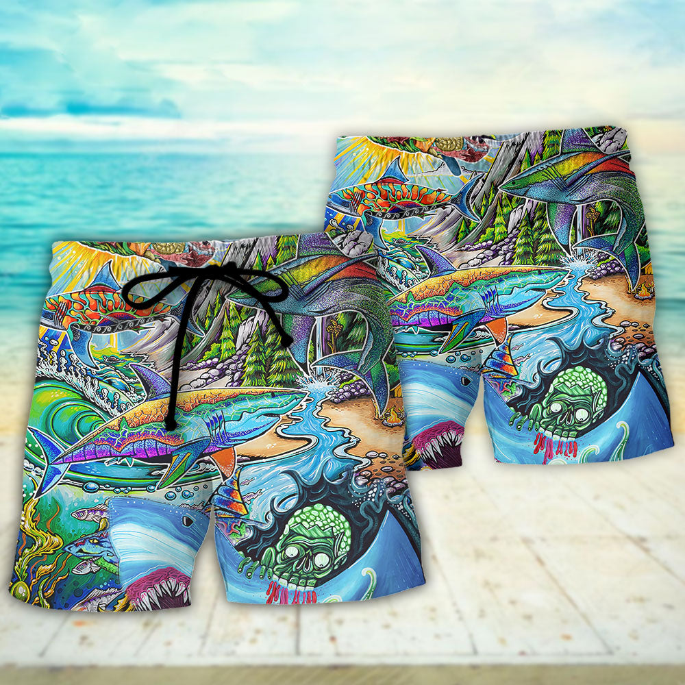 Hippie Shark Colorful Peace Beach Shorts Print Detail For Beach Activities And Vacation Wear