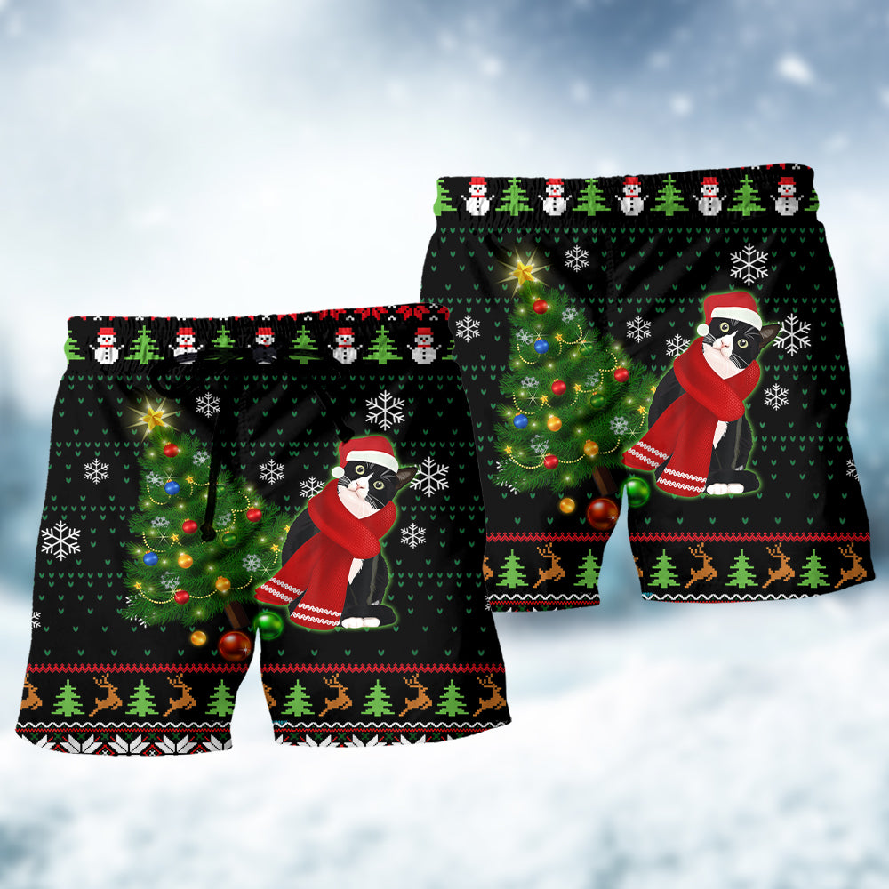 Happy Ugly Cat Christmas Tree Beach Shorts For Coastal Adventures And Relaxed Summer Wear