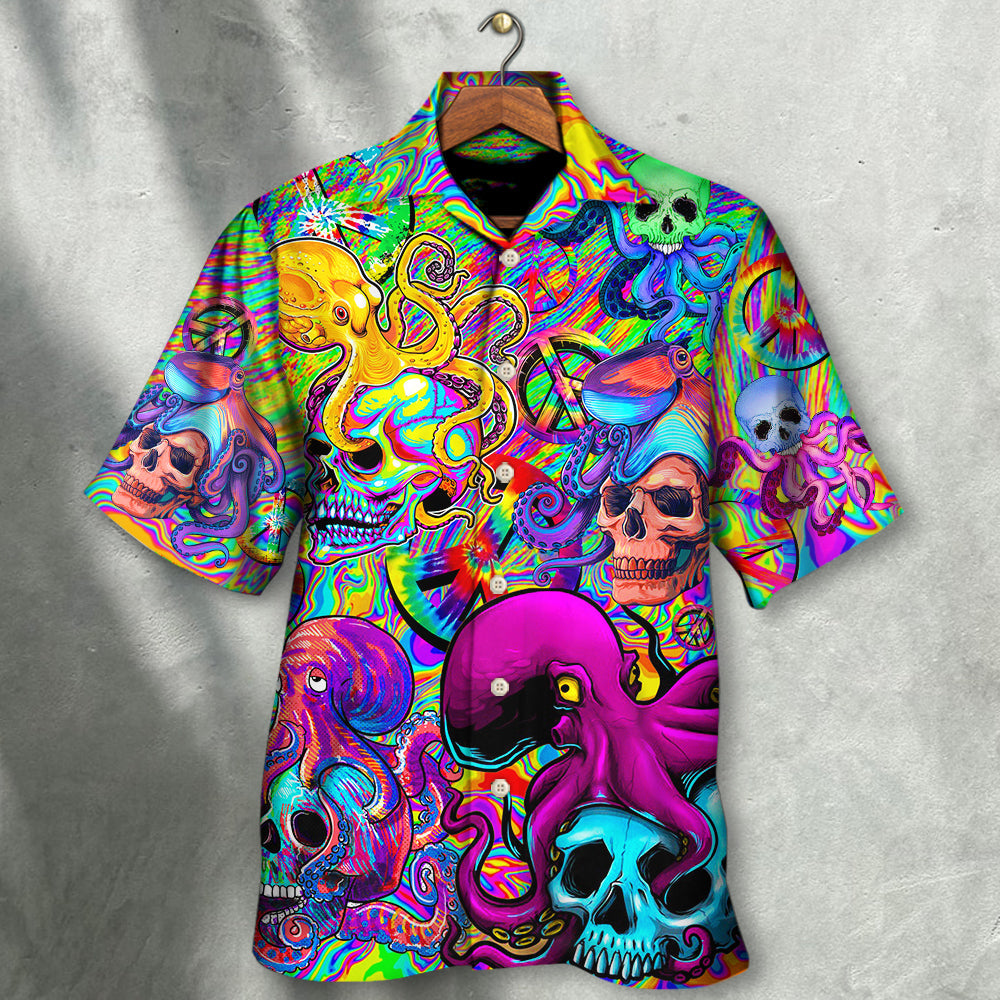 Bohemian Colorful Skull Octopus Tie Dye Hawaiian Shirt Design Detail For Beach Days And Holiday Travel