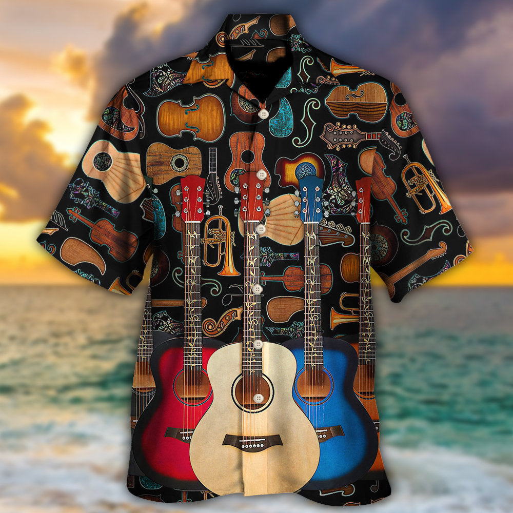 Happy Guitar Music Hawaiian Shirt Pattern View For Relaxed Warm Weather Outfits