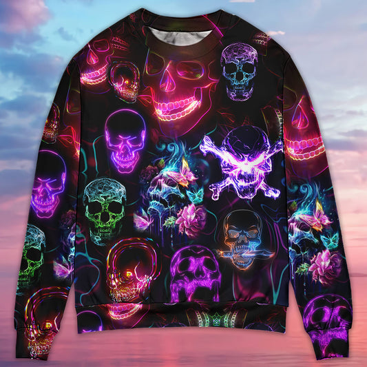 Skull Neon Happy Holiday Sweater For Winter Celebrations Family Events And Relaxed Seasonal Styling
