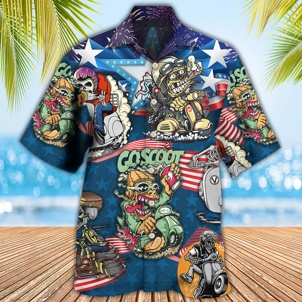 Patriotic Skull Scooter USA Flag Hawaiian Shirt Pattern Detail For Summer Holidays And Outdoor Fun